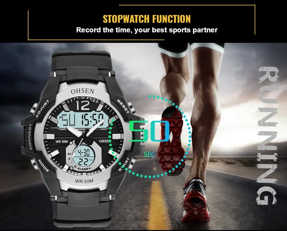 

OHSEN Digital electronic men sport wristwatch red fashion military Quartz watch silicone bracelet male clocks relogio masculino