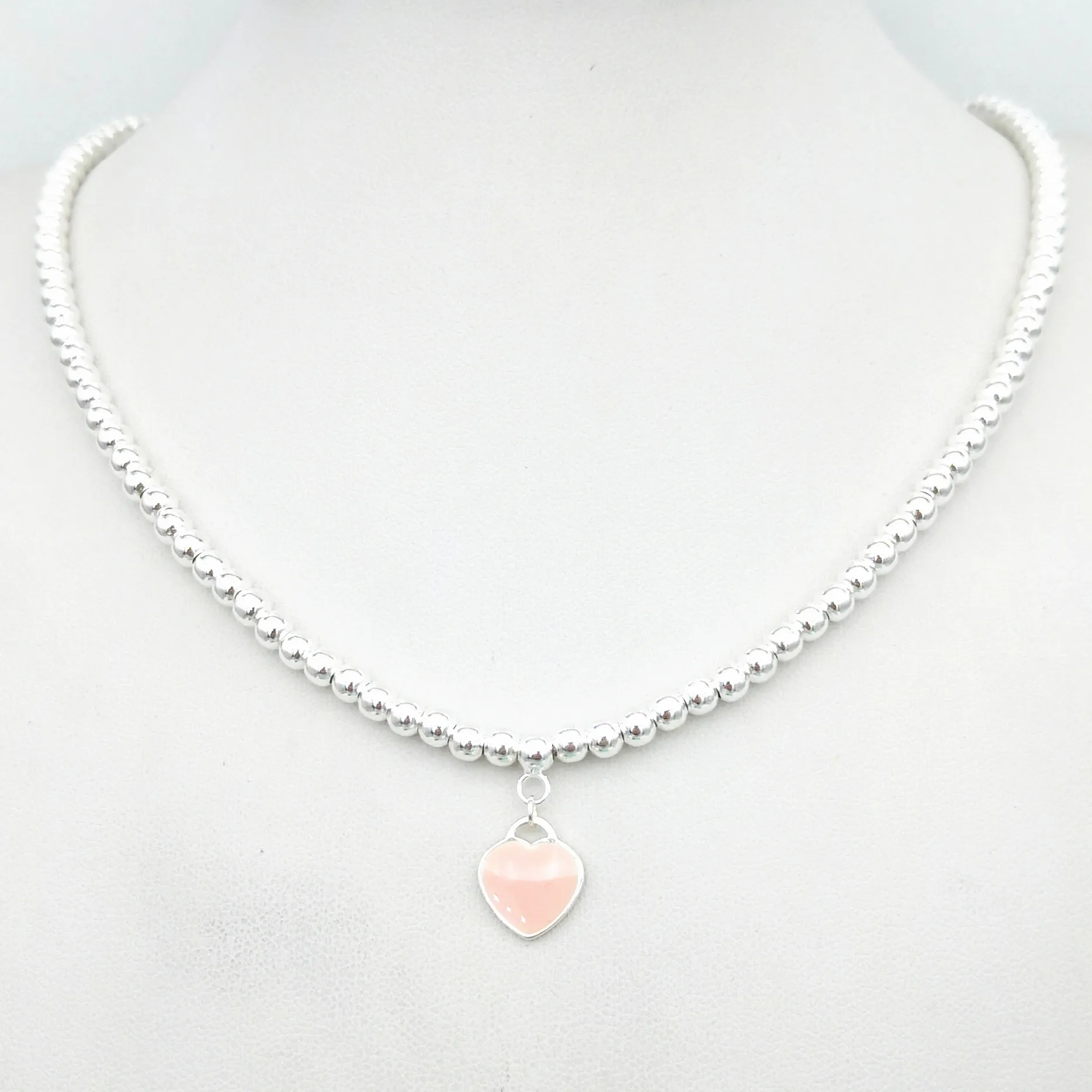 

1: 1 sterling silver 925 classic 10mmX13mm exclusive blue enamel caution card ladies 4mm round bead necklace