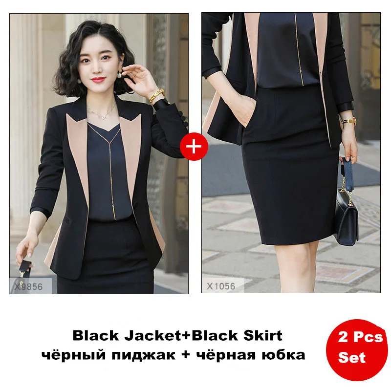 black jacket skirt Женские брюки, костюм, комплект, осень, новая мода, длинный рукав, Лоскутная куртка, длинные брюки, для работы, для женщин, офисный костюм, ow0524 - Цвет: black jacket skirt