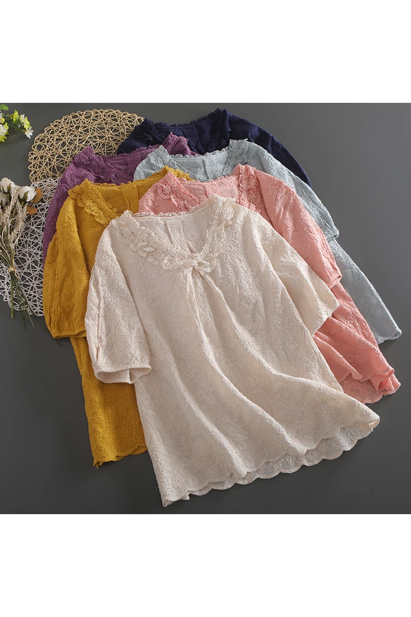 

Summer New V Neck Solid Embroidered Top Pullover Women Casual Short Sleeve Daily Wear