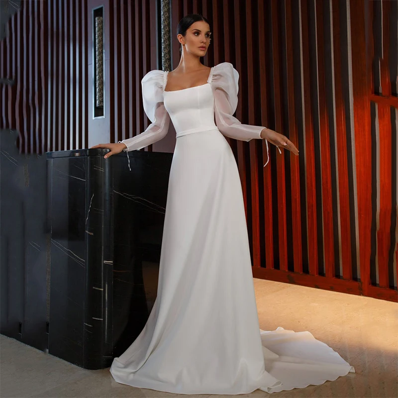 

Элегантные Простые Свадебные платья Vestido De Noiva, трапециевидные атласные свадебные платья с квадратным вырезом и пышными рукавами