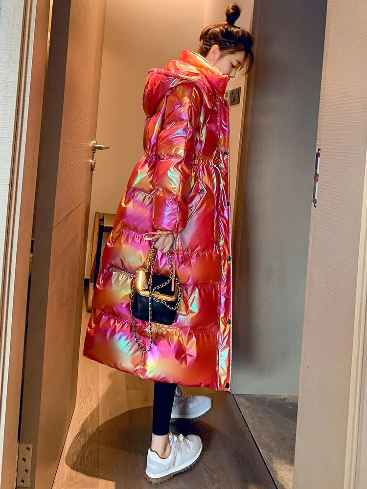 

Женское зимнее пальто с капюшоном, яркое глянцевое пальто из хлопка, длинная пуховая куртка, модная Ветрозащитная/Водонепроницаемая зимняя...