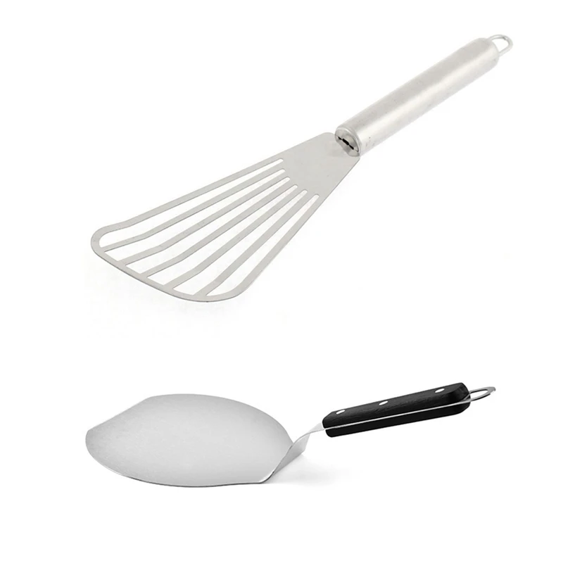 

1X Stainless Steel Slotted Spatula Pancake Turner 10 Inch Length Silver & 1Pc Round Pizza Shovel
