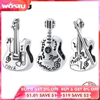 wostu 925 sterling silver vintage bass violin music guitar charms beads pendant fit original bracelet necklace for women jewelry