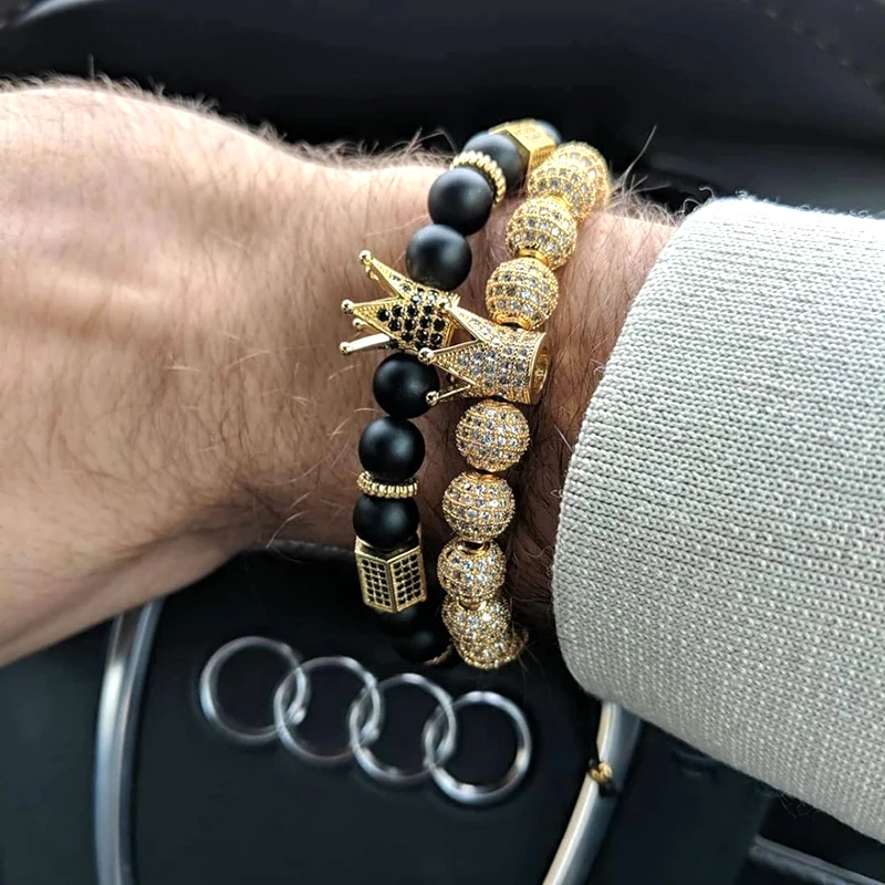Роскошный браслет с цирконием золотой King шармом короной мужской камнями и