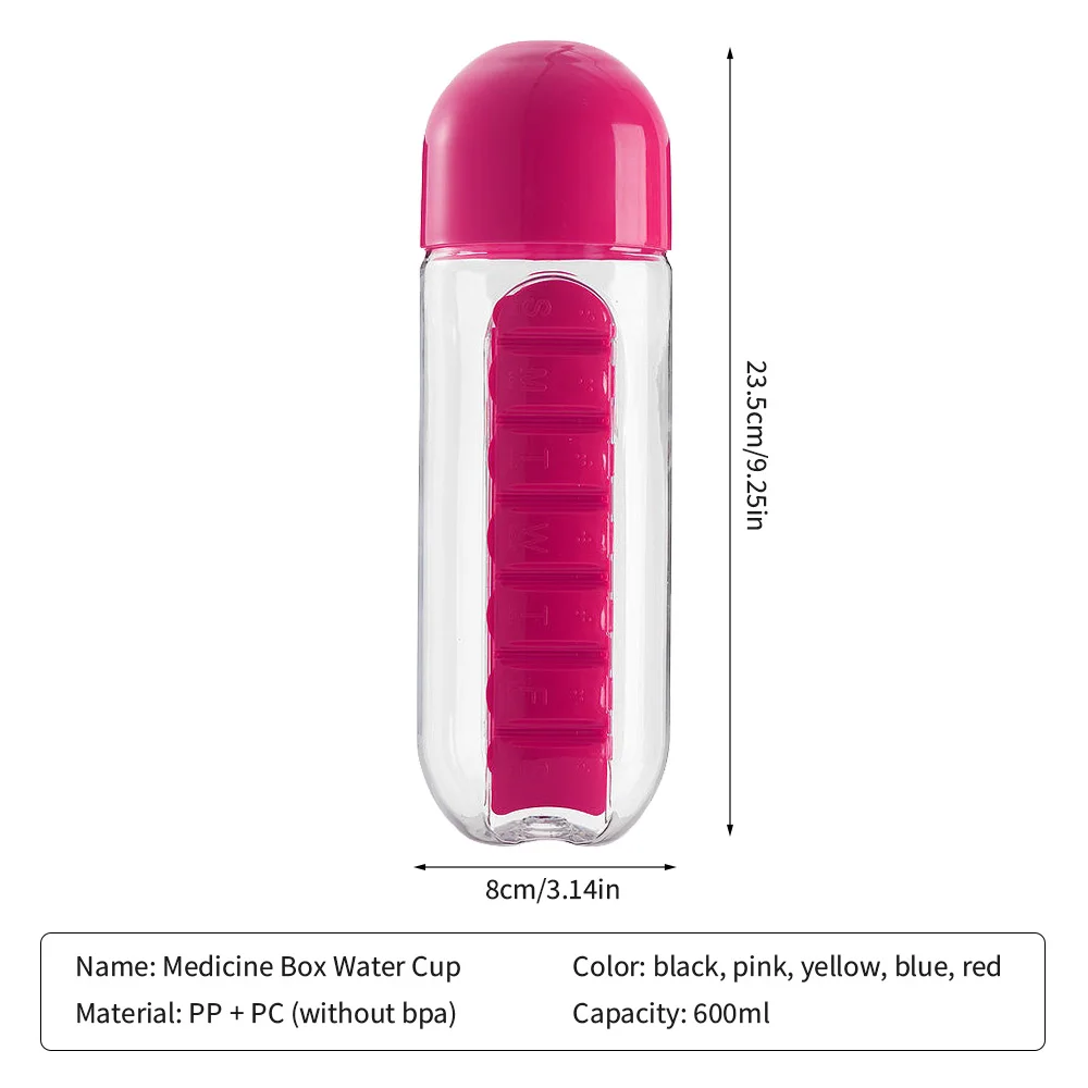 

600ml Multifunctional Water Bottle Outdoor Sports Bottle With Capsule Pill Box Small Pill Box Drinking Bottle Leak-Proof Bottle
