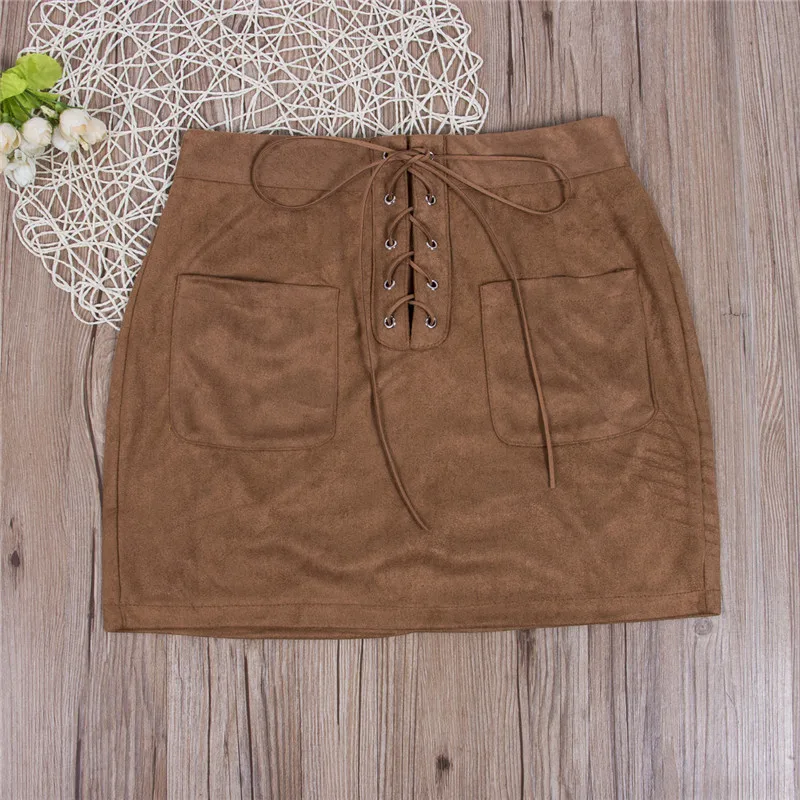 Женское замшевое Бандажное мини-платье с высокой талией на шнуровке карманами