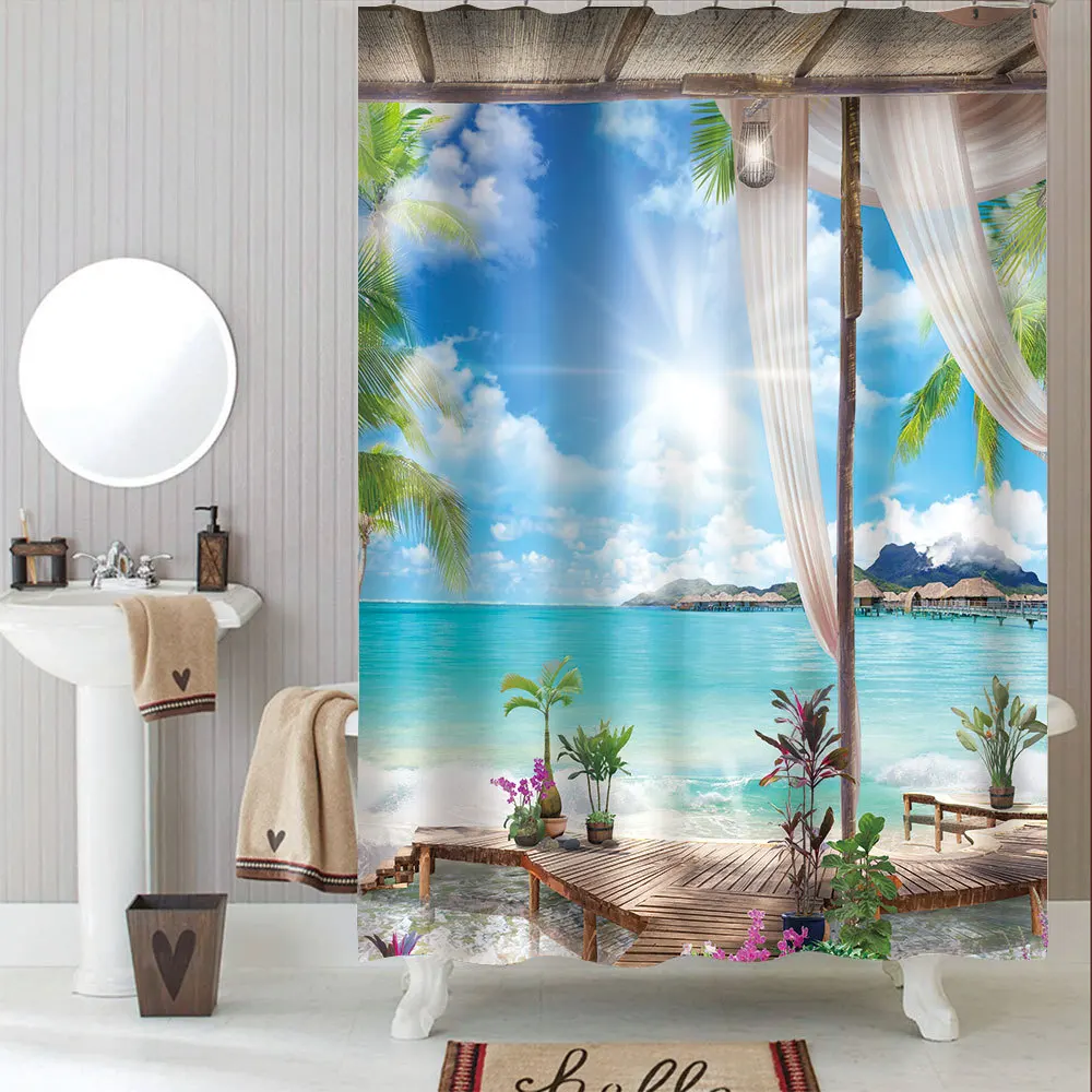 

180*180 Shower Curtain Beach Ready-made Curtains Nature Landscape Shower Bath Curtains for Bathroom