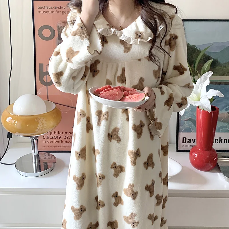 Kawaii Cartoon Bear Coral Fleece Nightgown Women Peter Pan Collar Long Sleepwear Loose Long Midi Nightdress Homewear
