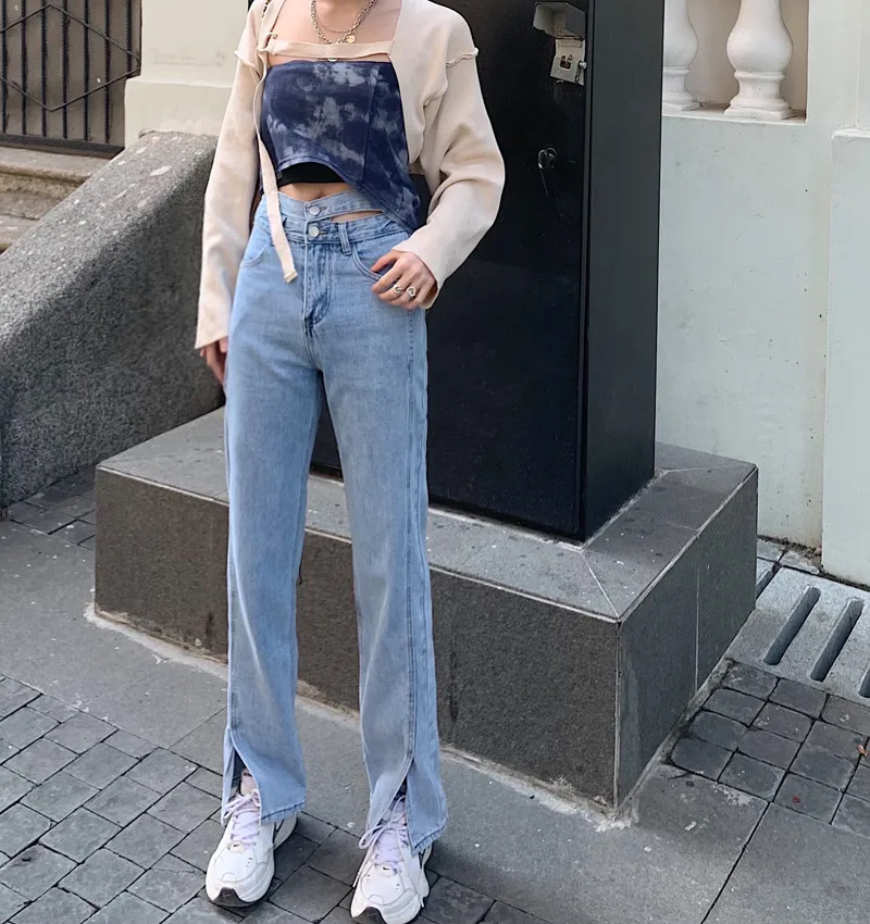

Women's Irregular High Waist Wide Leg Jeans Loose Split Denim Pants Loose Korean Style Vintage Streetwear Casual Mom Jeans