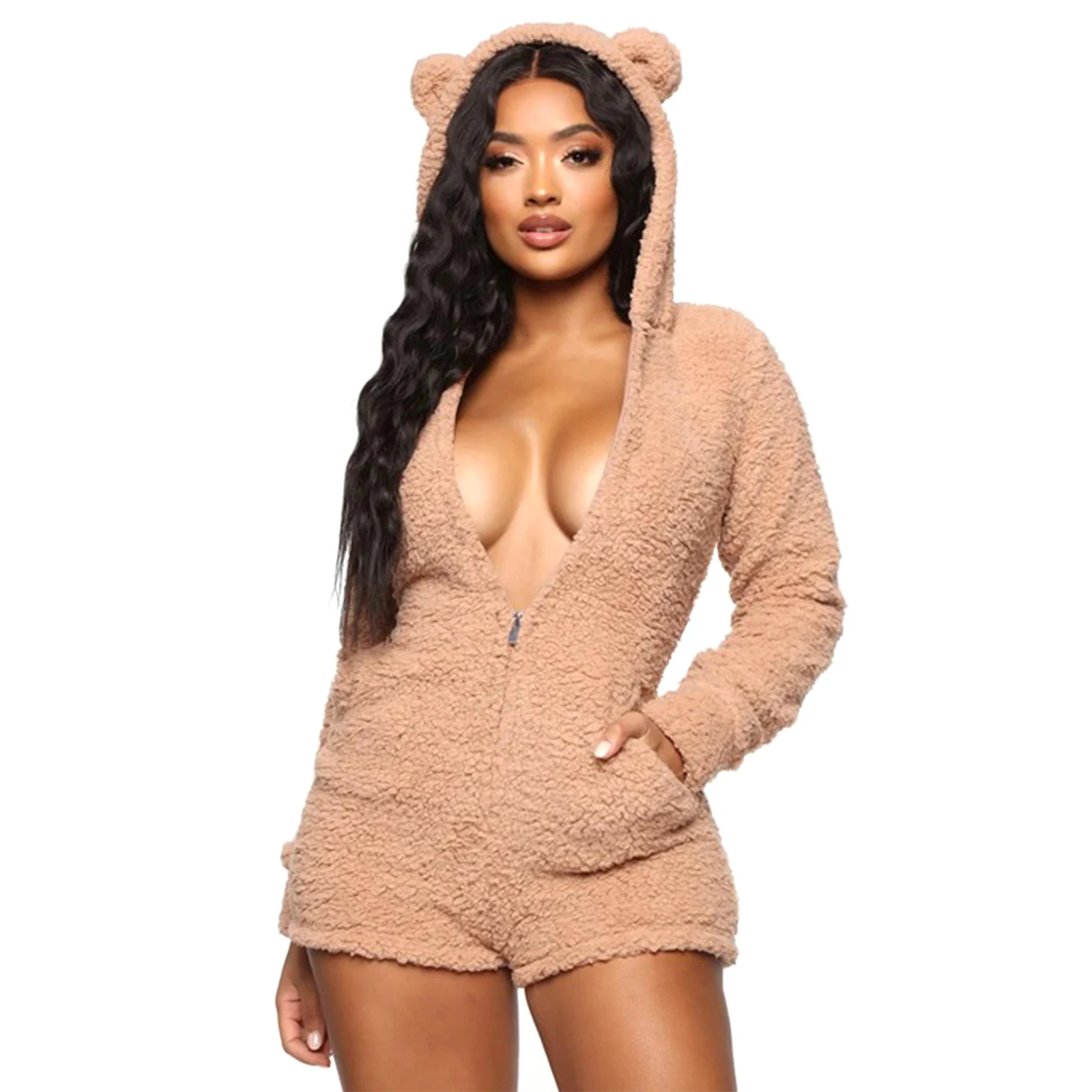 

Women's Clothing Set, Long Sleeve Zipper Hooded Playsuit One-piece Suit for Home Vacation Photography
