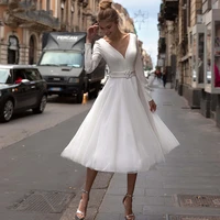 2021 elegant short wedding dresses belt long sleeve tea length v neck bride dress gown satin tulle a line vestido de noiva