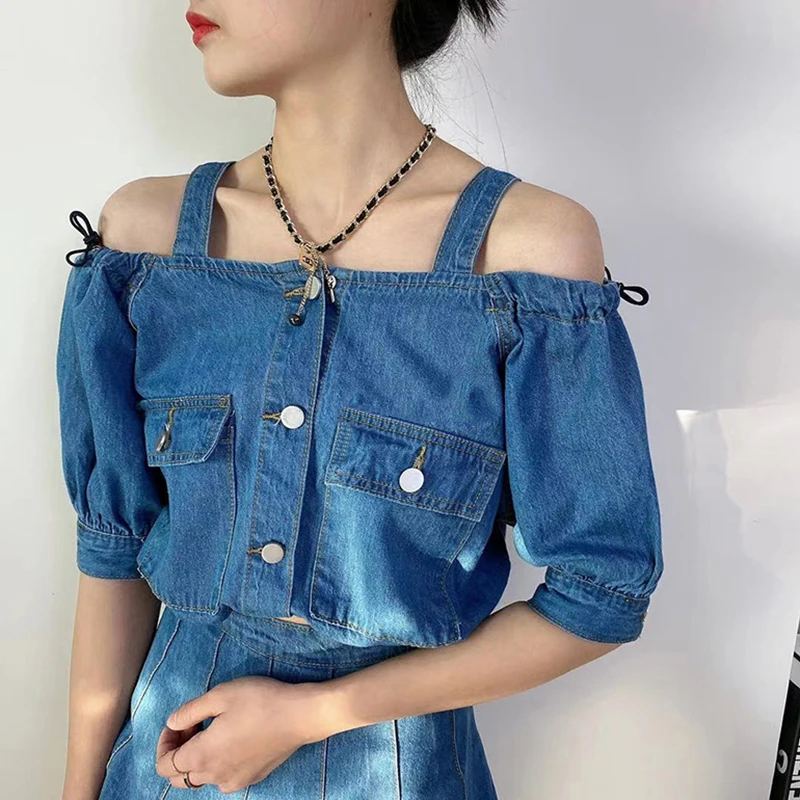 

CHICEVER Vintage Two Piece Set For Women Square Collar Half Sleeve Top High Waist A Line Mini Skirts Solid Sets Female 2021 Tide