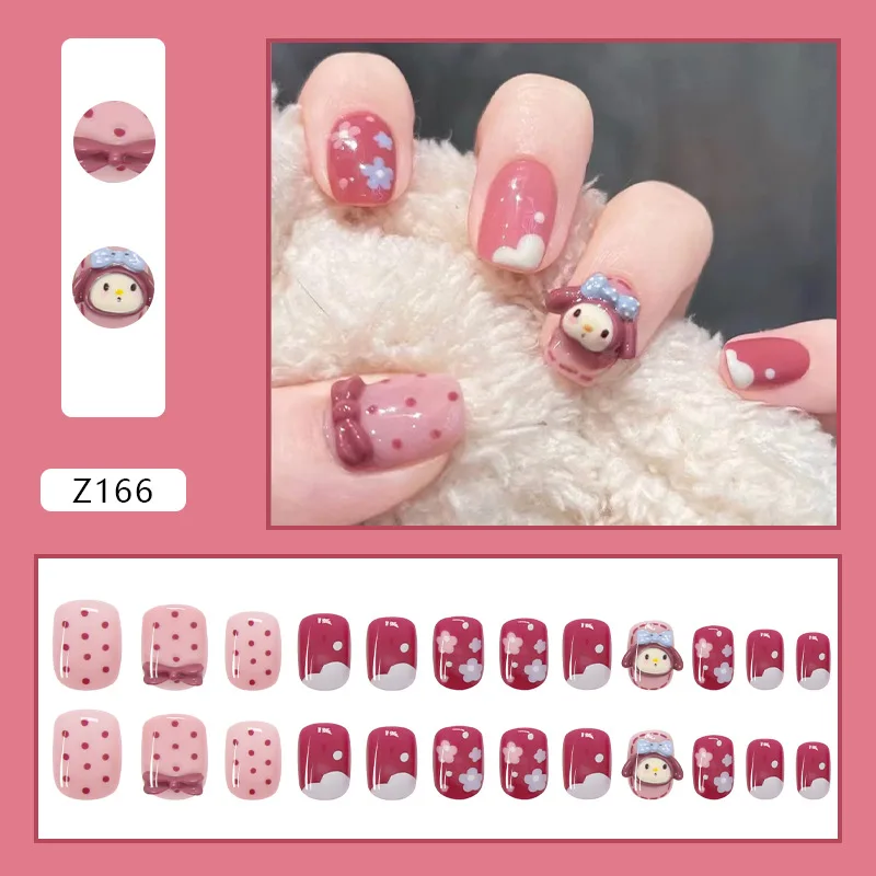 

24Pcs/Set Pink Dot 3D Bow Print Nail Patch Sweet Style Glue Type Removable Short Paragraph Fully Covered Nail Decoration