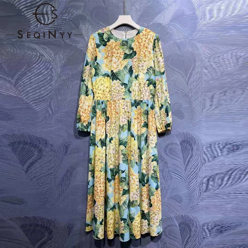

SEQINYY Casual Dress Summer Spring New Fashion Design Women Runway 100% Cotton Yellow Hydrangea Flower Leaf Print High Quality