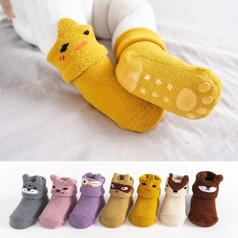 

Baby Silicone Coral Fleece Newborn Non-Slip Soft Toddler Socks Cute Cartoons Floor Infant Elastic Socks For 0-2 years Child Kids