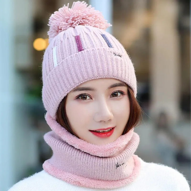 Knitted Hat With Scarf Collars SUOGRY Sets For Women Winter Ladies Hat& Scarf With Pompom Thick Two Piece Keep Snow Warm Set