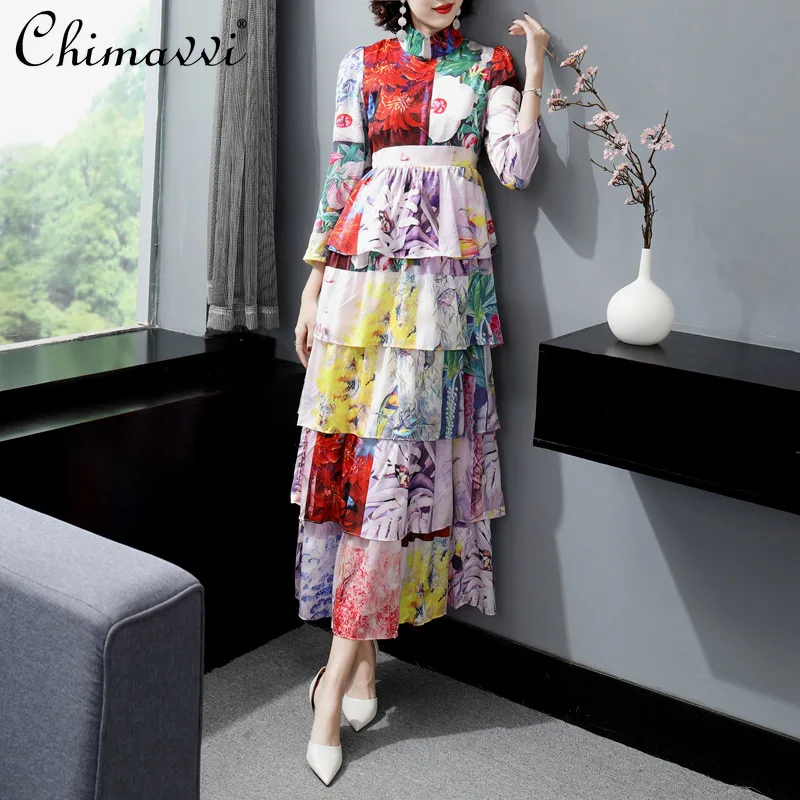 

European Style Maxi Dress Women Fashion Stand Collar Long Sleeve Ruffled Printed Stitching Dress High Waist Elegant Cake Dresses