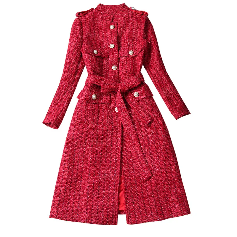 Зимнее женское Шерстяное Пальто из твида с бусинами однобортное на шнуровке