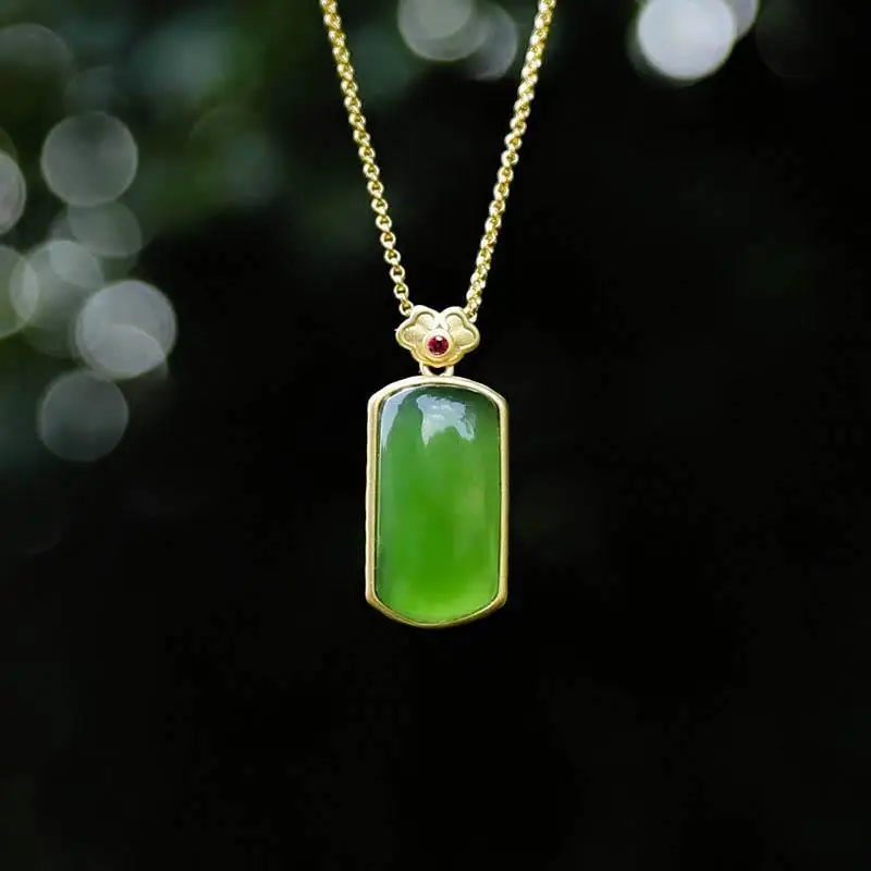 

Natural Hetian Jade Green Jade Ruyi Buckle Pendant S925 Sterling Silver Jade Gilding Craft Silver Necklace Color Retention