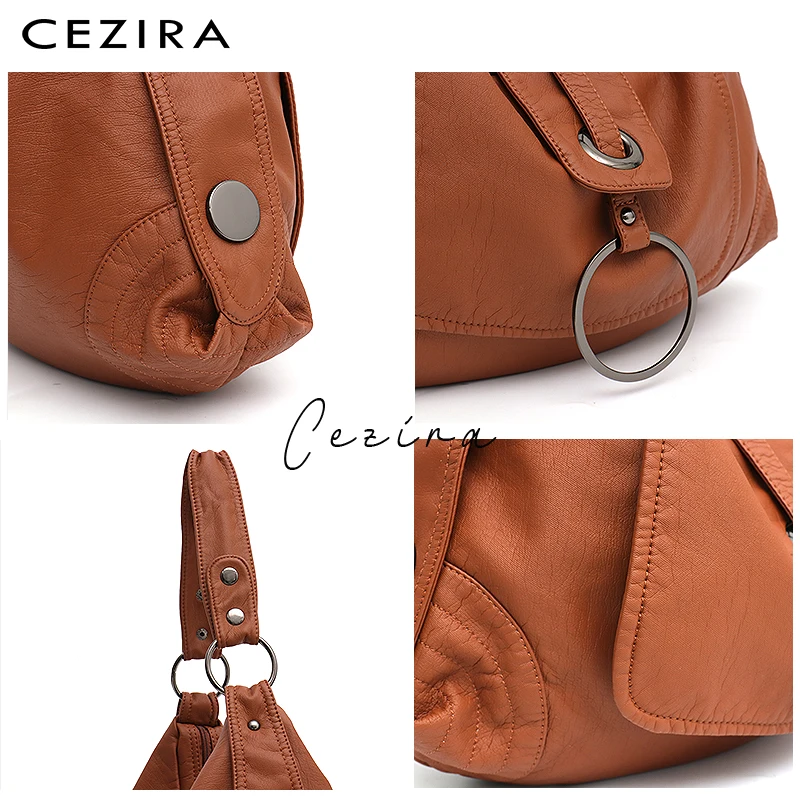 CEZIRA модные из искусственной кожи большая сумка Хобо Для женщин мытая PU Сумка металлическое кольцо клапаном женская брендовая дизайнерская сумка-тоут женские сумки из натуральной кожи