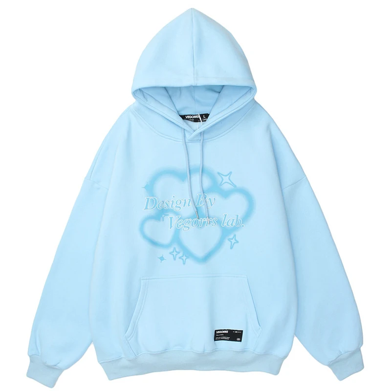 

Heart Print Hoodie Sweatshirt Harajuku Men 2021 Autumn Oversized Cotton Tops Unisex Loose Pink Blue Hoodies Outwear Coats