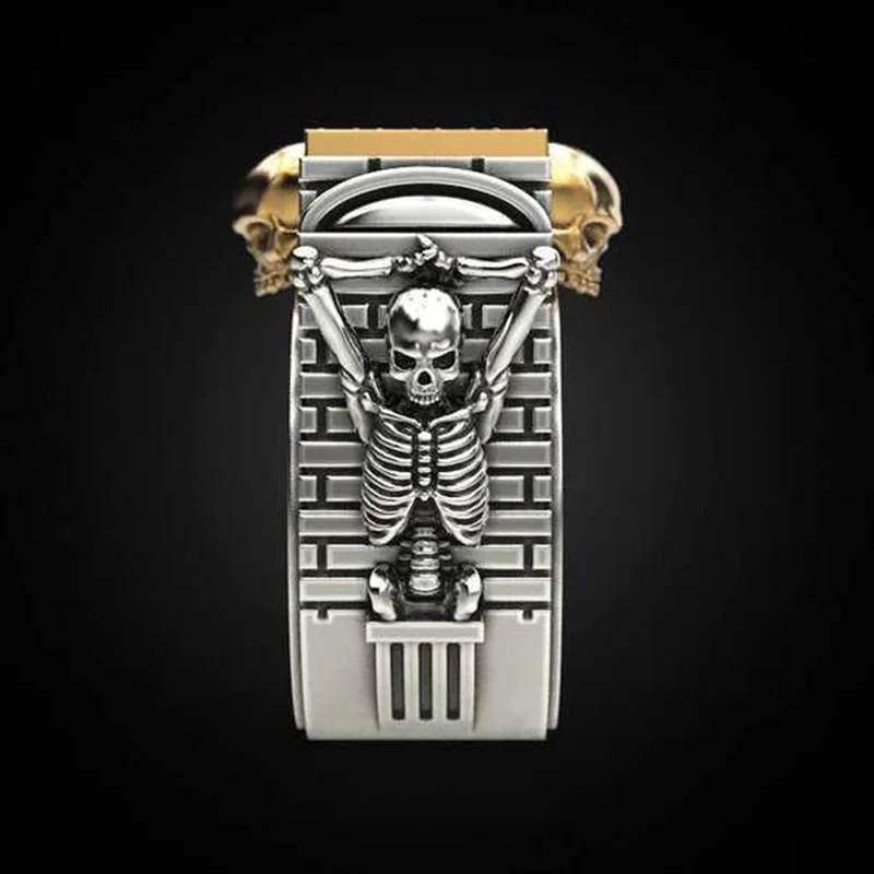 Gothic gold silver color skull ring men square cubic zircon two-tone skeleton wall biker rings for women punk rock jewelry | Украшения и