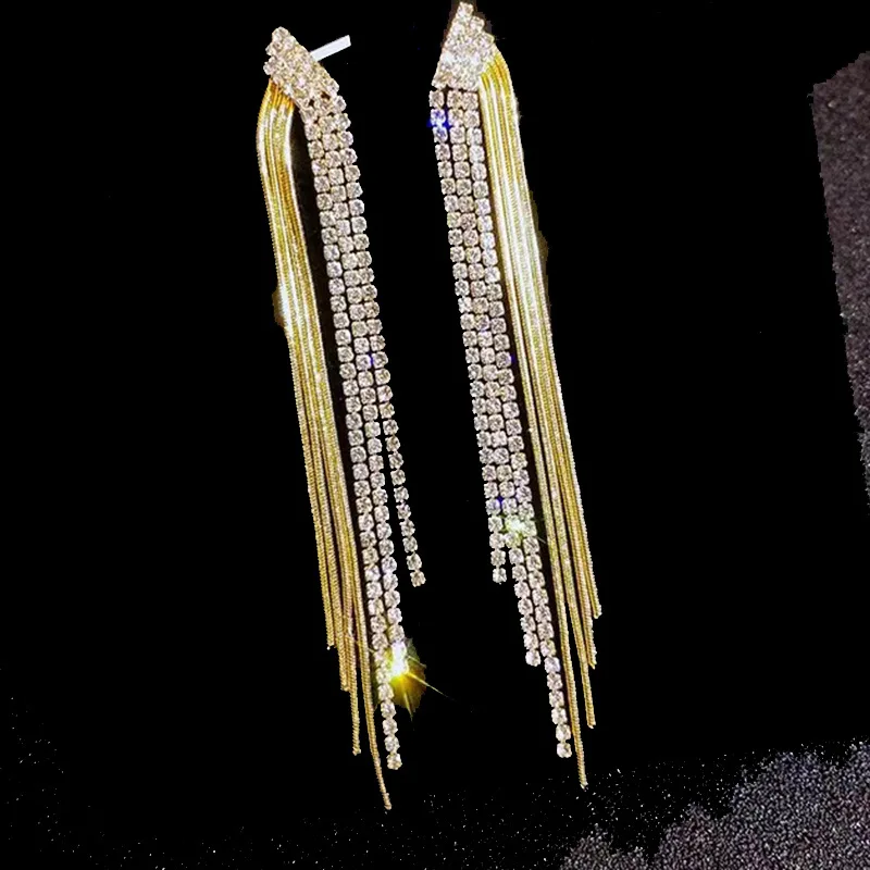 

Minar Hyperbole Spark Rhinestones Long Tassel Earring Gold Color Metallic Long Chain Geometric Drop Earrings for Women Jewelry