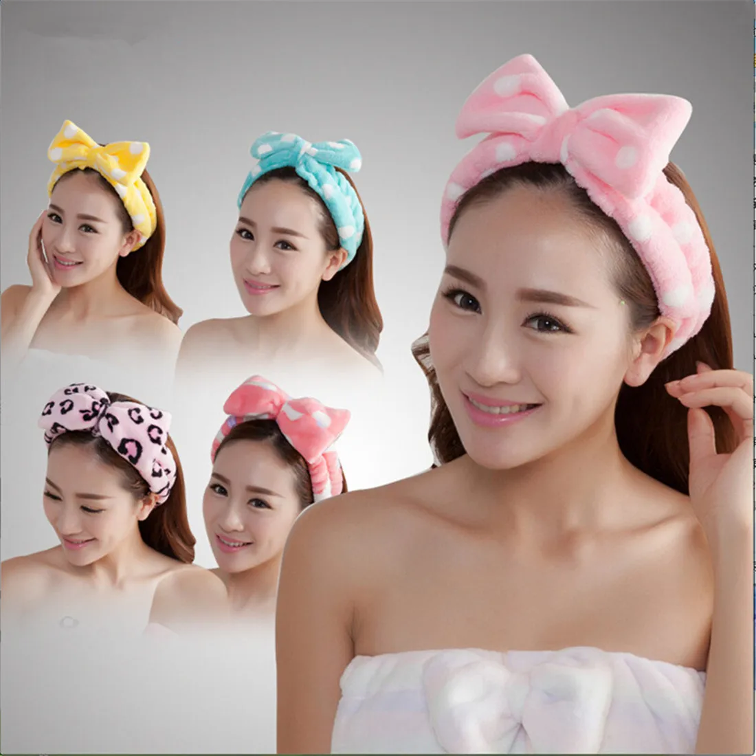 

YJ Coral Fleece Bow Headbands For Women Girls Wash Face Makeup Bath Solid Striped Polka Dots Hairband Turban Hair Accessories