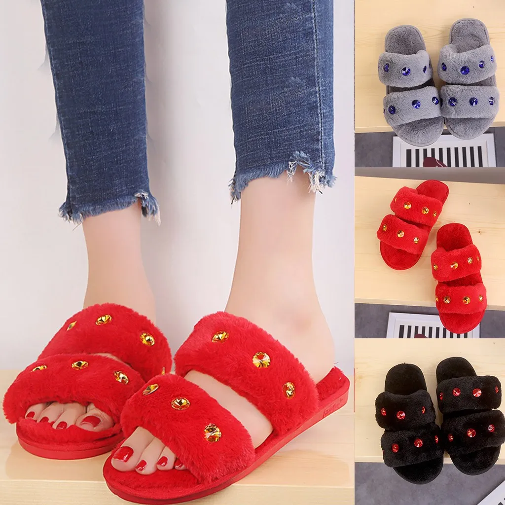Зимние Стразы шлёпанцы для женщин женские ботинки противоскользящие тапочки из