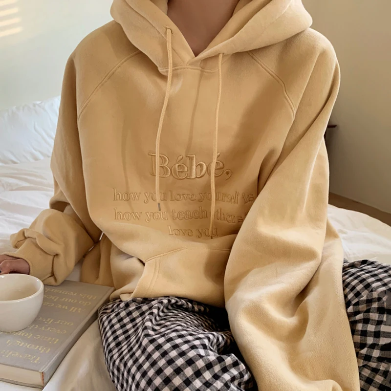 

Women Solid Loose Casual Korean Chic Sweatshirts Autumn Winter 2021 Embroidered Letter Hooded Simple Kawaii Pullover Tops Female