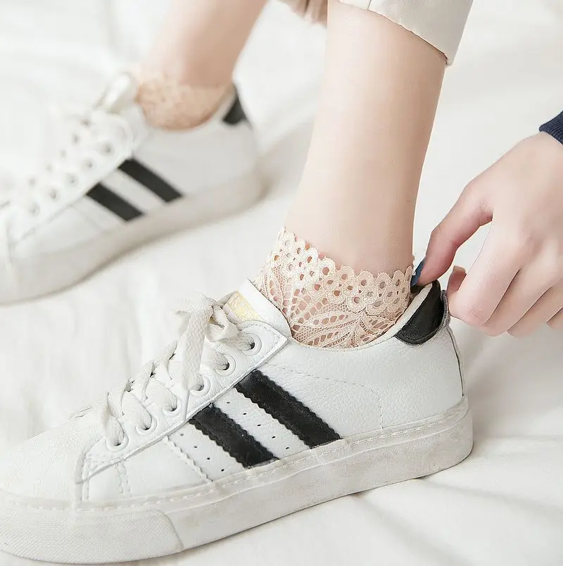 Новинка модные женские носки до щиколотки с цветочным кружевом хлопковые