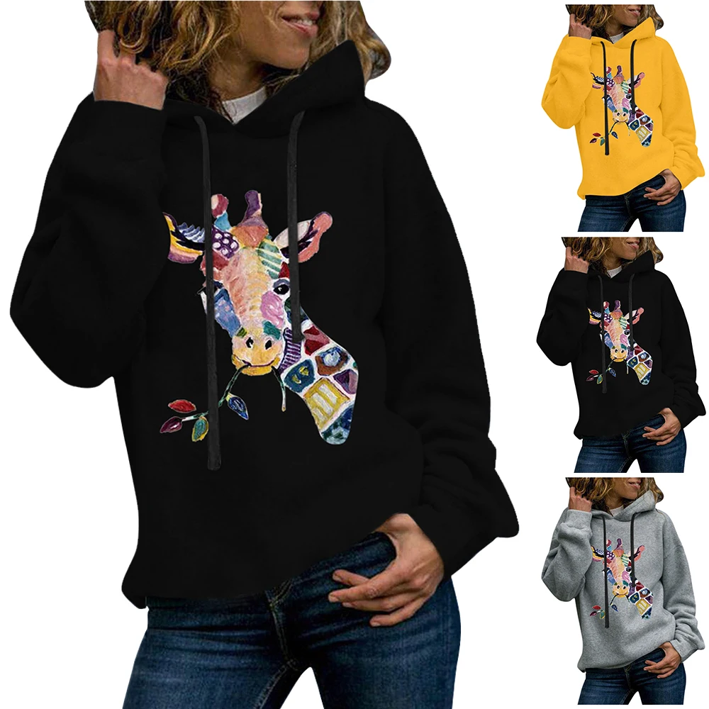 

Vintage Sweatshirt Women Casual Animal Giraffe Print Long Sleeve Hoodie Ladies Pullover Harajuku Sweatshirt Ropa Mujer