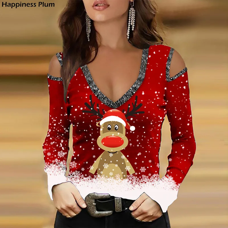 

Женская футболка с открытыми плечами, Повседневная футболка с длинным рукавом и V-образным вырезом, с рождественским оленем, осень 2021
