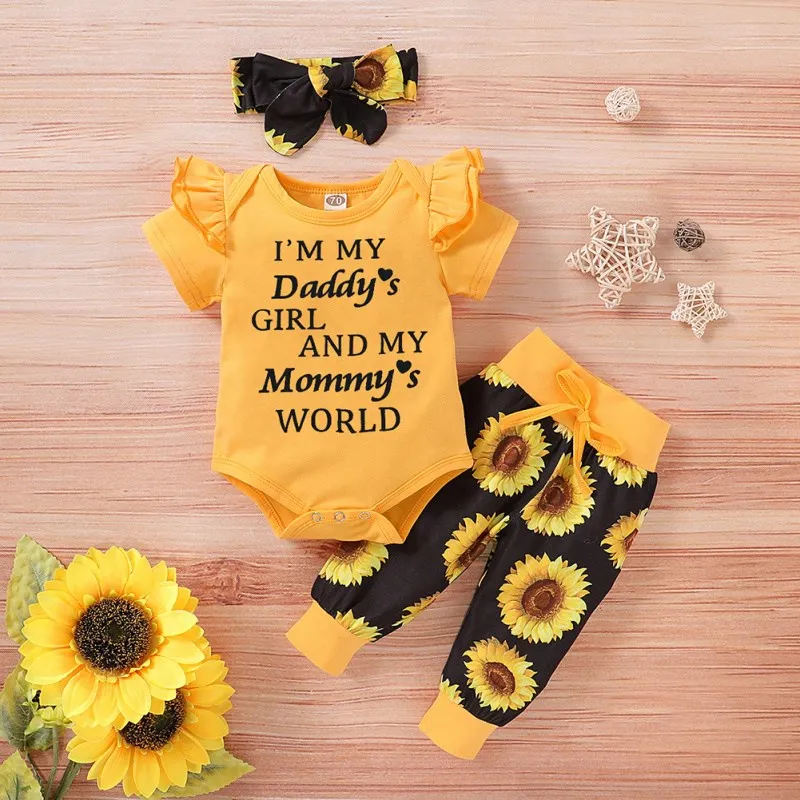 

Autumn Baby Girl Short Sleeve Letter Print Romper Tops Floral Trousers Headband Outfits Clothes O-Neck Regular Pullover Suit