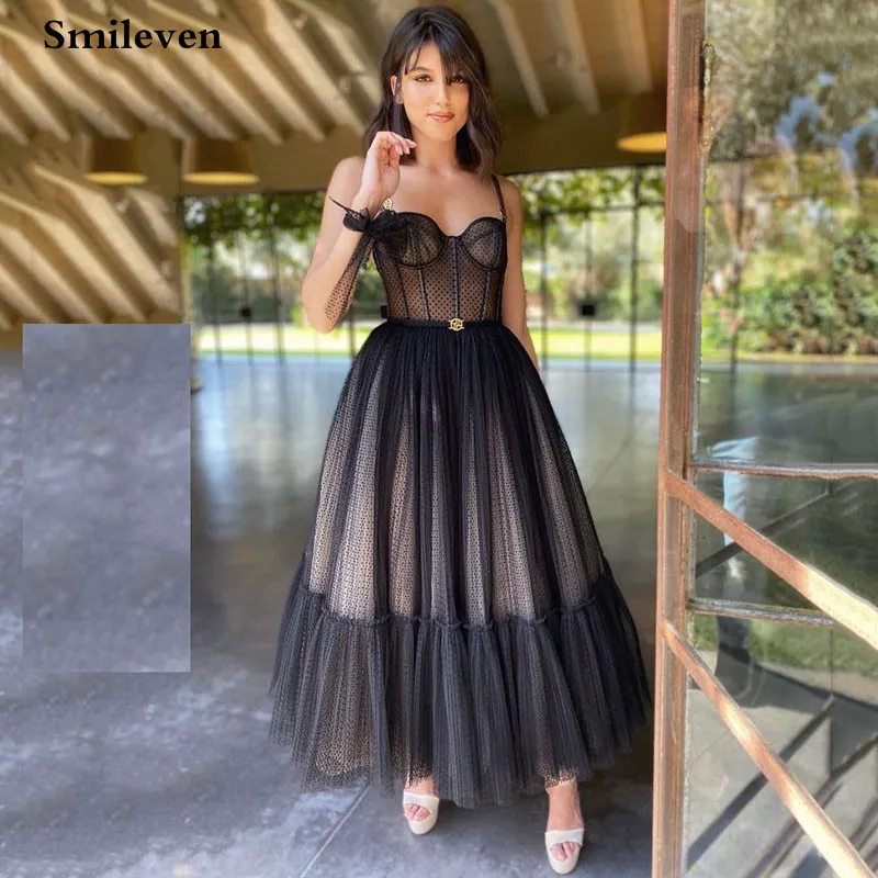 

Smileven Modern Black Dotted Tulle Short Prom Dresses Spaghetti Straps Evening Gowns Sweetheart Corset Prom Party Gowns