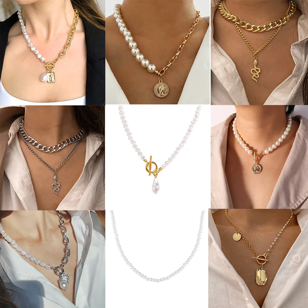 

Goth Pearl Choker Necklace Gold Sliver Color Lasso Heart Rhinestone Cross Pendants Women Jewelry Neck Chain Beads Necklace