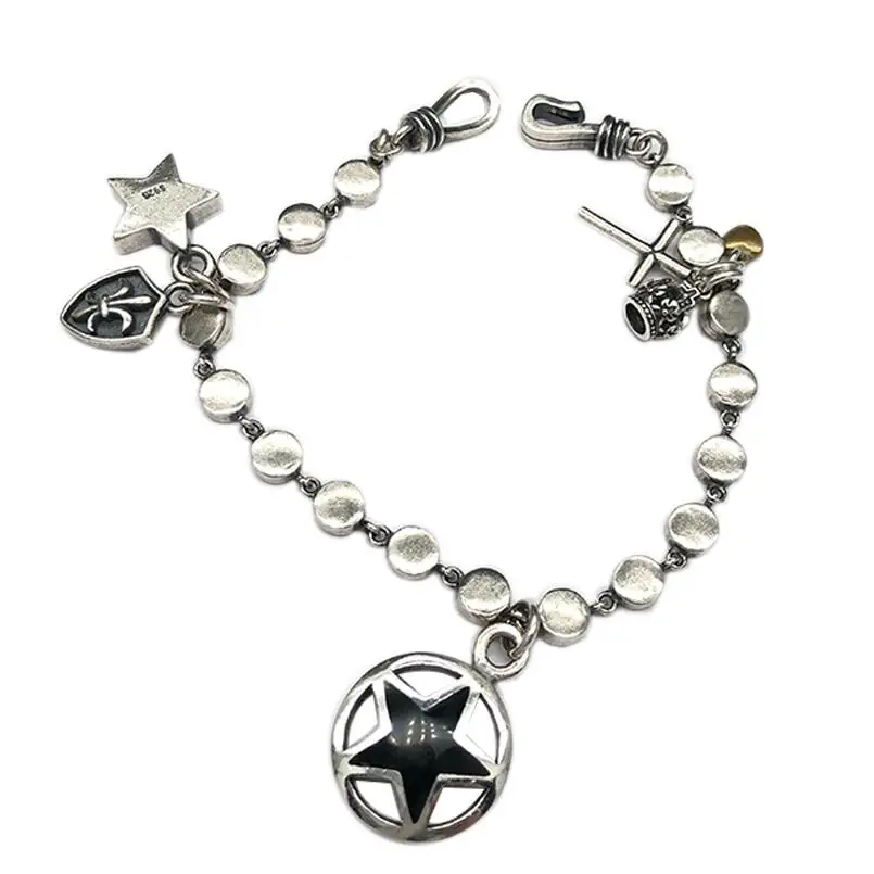 Чистое Серебро S925 Серебряный винтажный крест звезда кулон звено цепи 925 браслет