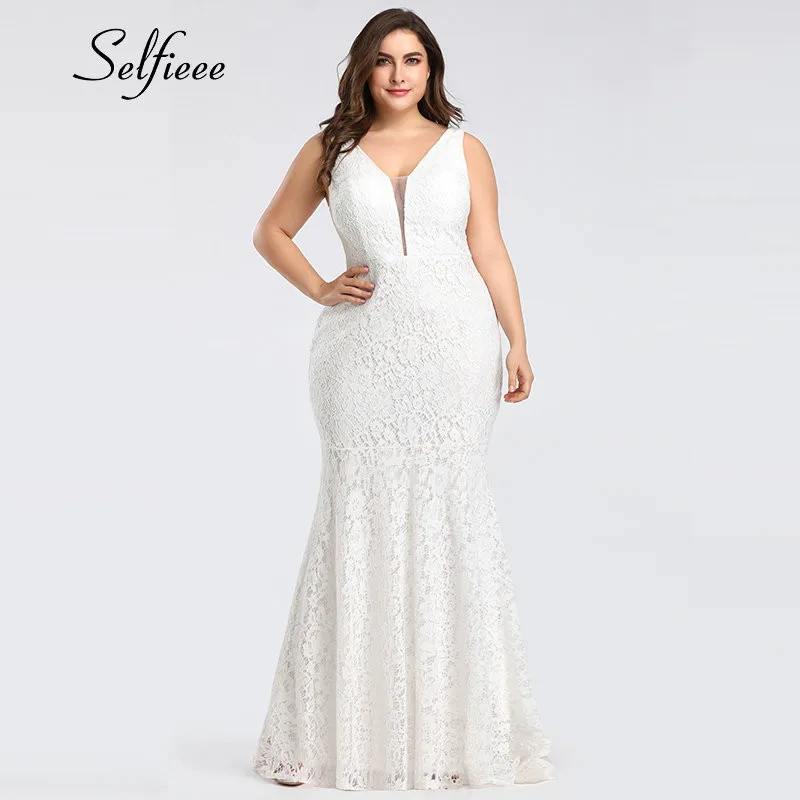 Белое кружевное платье женское элегантное Русалка с v образным вырезом без