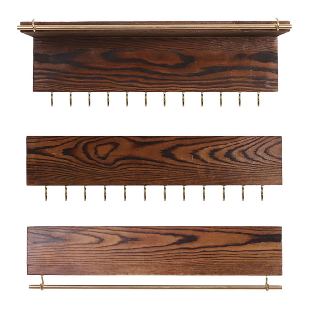 

3pcs Storage Jewelry Rack Set Necklace Durable Bedroom Wall Mounted With Hooks Earring Display Adjustable Natural Wood Vintage