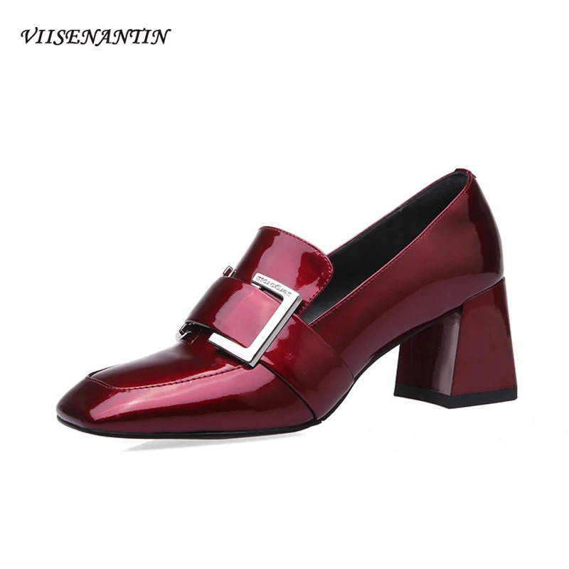 

Туфли женские из лакированной кожи на толстом каблуке, винно-красные кожаные туфли на высоком каблуке с квадратным носком и металлической п...