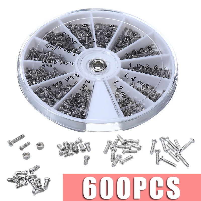 

600 шт./кор. маленький набор шурупы гайки набор гаек M1.2/M1.4 из нержавеющей стали с плоской круглой головкой винтов и гаек инструмент для ремонта