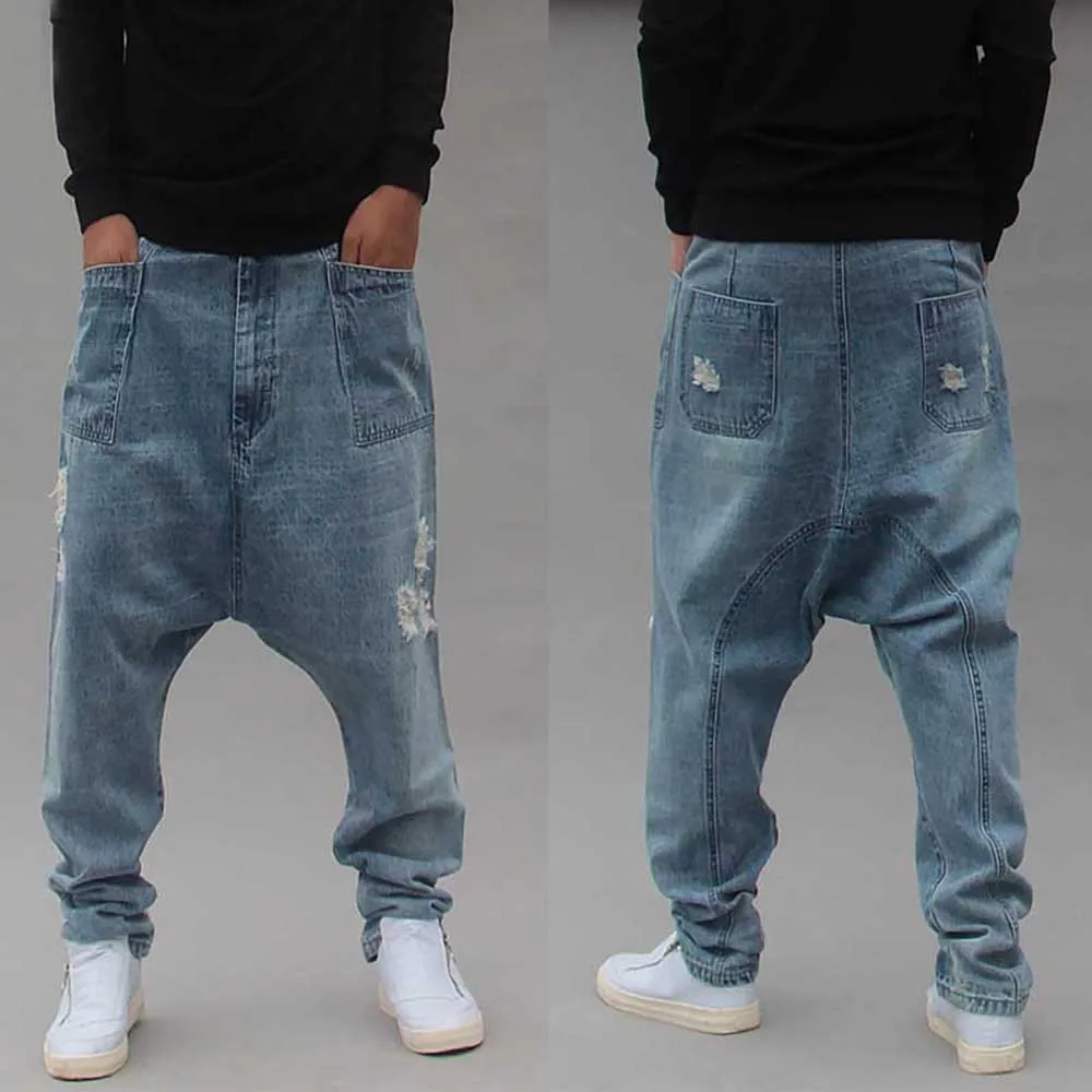Distressed Streetwear Ripped Harem Jeans Men Casual Loose Baggy Trousers Hip Hip Dropcrotch Denim Pants Male Clothes Big Size