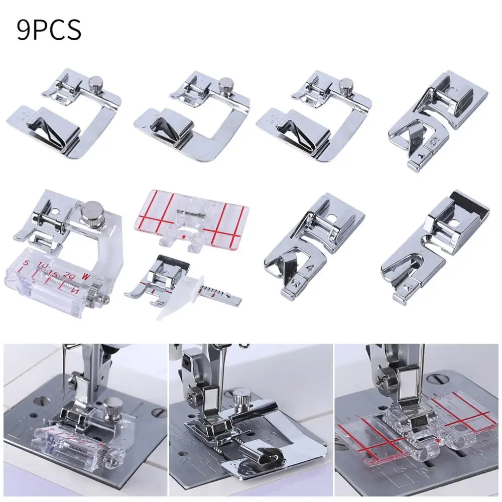 Набор ножей для рулонной отделки 9PCS Domestic Sewing Machine Foot Presser Rolled Hem Feet Set for Singer Brother Low Shank Adapter Accessories QE on.