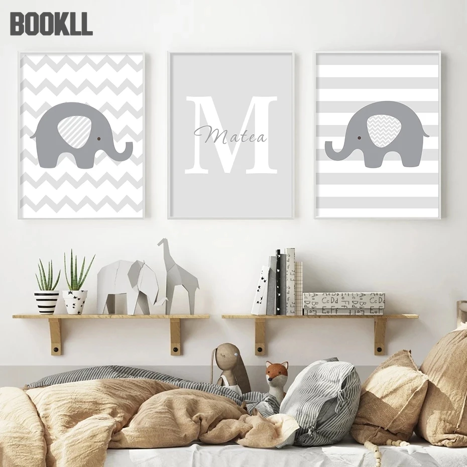

Custom Name Initial Letter Elephant Animals Baby Nursery Canvas Painting Poster Print Wall Art Pictures Boys Bedroom Home Decor