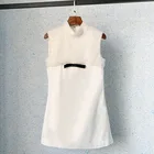 Прозрачные стразы с бисером и бантом белое ТРАПЕЦИЕВИДНОЕ ПЛАТЬЕ 2021 Новая летняя рубашка со стоячим воротником, без рукавов, фирменный дизайн, женские вечерние платья