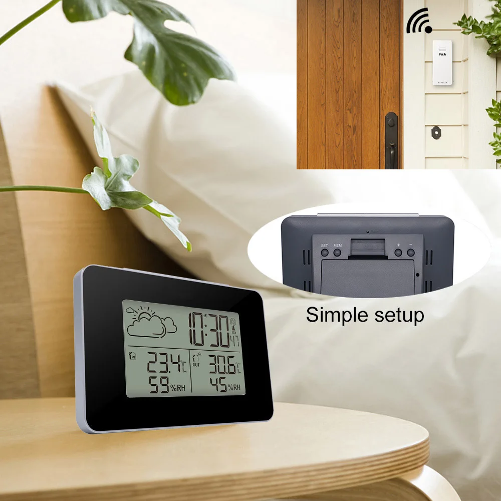 fanju fj3364 digital alarm clock weather station wireless sensor hygrometer thermometer watch lcd time desktop table clocks free global shipping