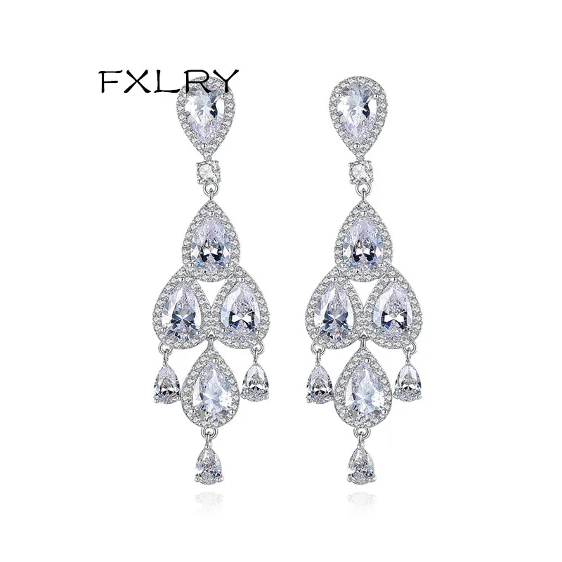 

FXLRY New Design Vintage White Color Cubic Zircon Long Style Water Drop Zircon Earrings Wedding JEWELRY Accessories