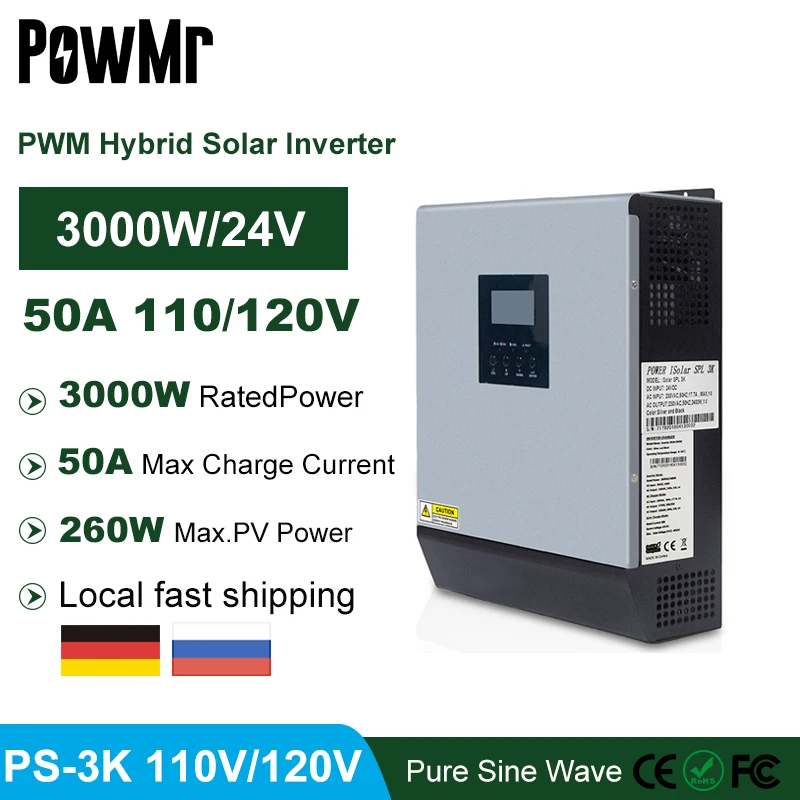 PowMr 3KVA 2400W Pure Sine Wave Solar Inverter Built-in PWM 50A 230/110VAC 50 Hz/60 Hz Solar Hybrid Inverter battery Charger