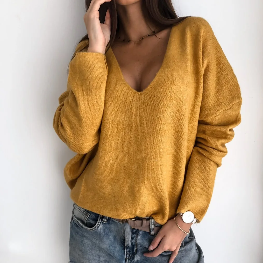 Casual Women Knitted Sweater V Neck Solid Color Knitwear Ladies Autumn Clothes Female Pullovers Fashion Pull Femme Tops Pusero | Женская